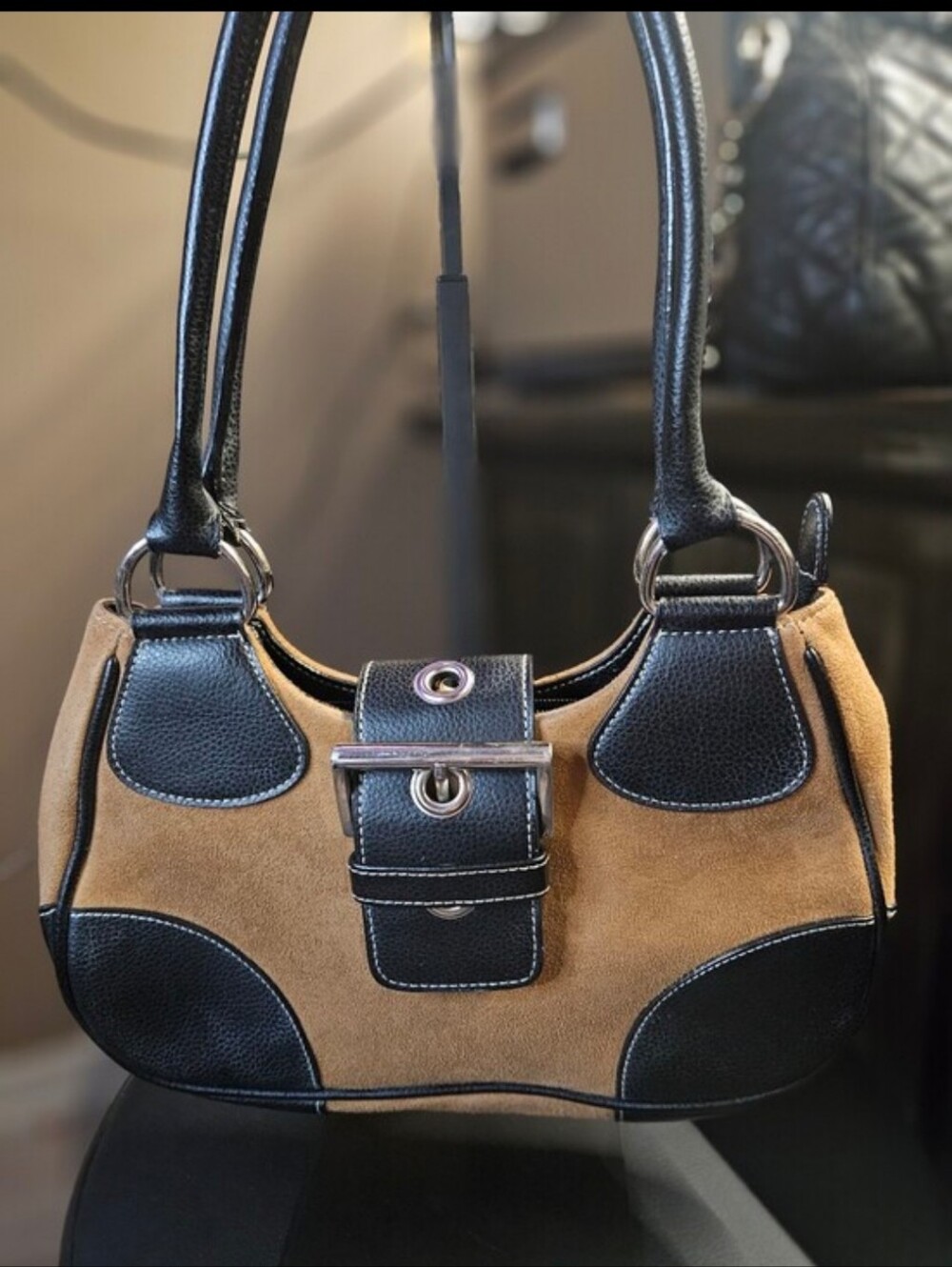 Classic Black Leather And Tan Suede Moon Shoulder Bag